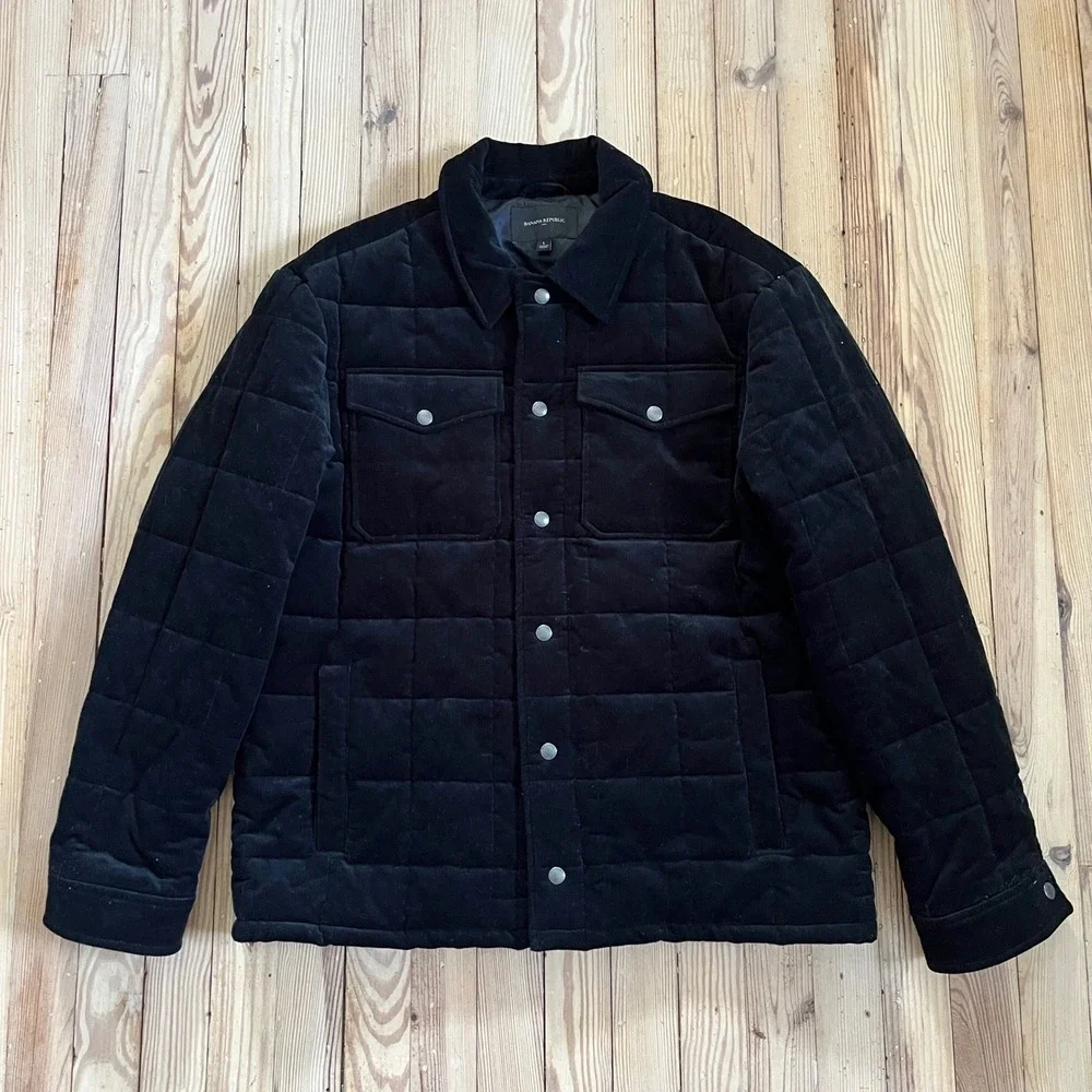 Banana Republic Quilted Corduroy Puffer Shirt Jacket Mens Large Black Snap Front